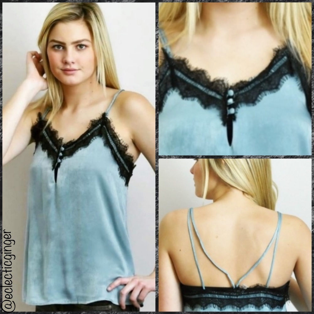 Sea foam blue satin cami with black lace trim Medium M Large L